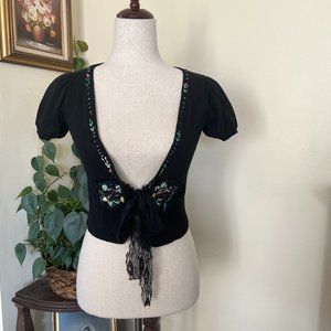 Daytrip Vintage 90s Black Cropped Embroidered Lace Tie Cardigan
